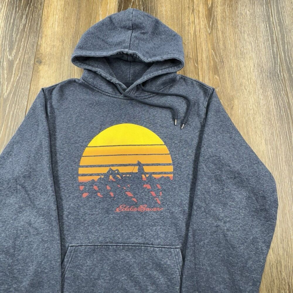 Eddie Bauer Hoodie Mens M Blue Sweatshirt Up North Lake Cabin Mountain Sweater